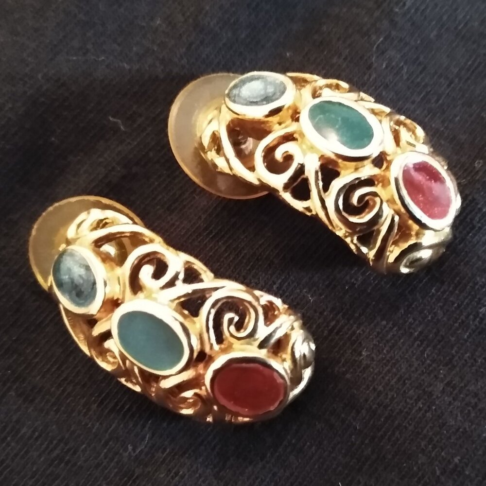 Vintage gold-colored half-hoop earrings with three round imitation gemstones